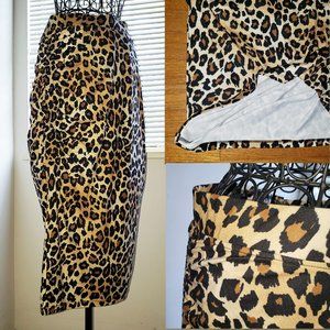 Glam Faux Leopard Big Cat Print Bodycon Ruched Midi Skirt L GILI